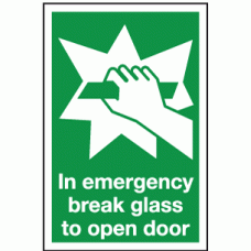 In emergency break glass to open door sign