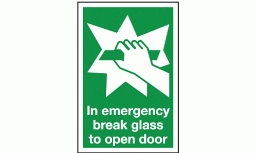 In emergency break glass to open door sign