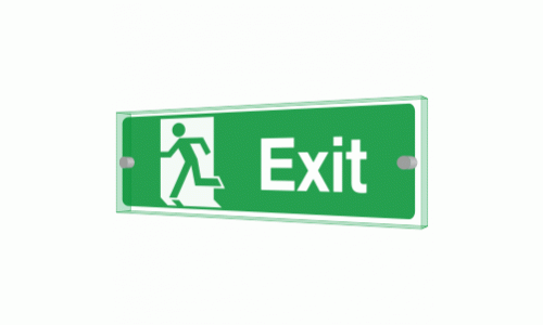 Exit Sign - Clearview Printed onto 6mm Cast Acrylic With Green Edge, Comes Complete With X2 Stainless Steel Standoffs.