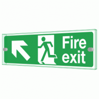 Fire exit left diagonal up Sign - Clearview Printed onto 6mm Cast Acrylic With Green Edge, Comes Complete With X2 Stainless Steel Standoffs.