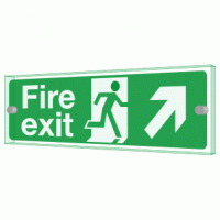 Fire exit right diagonal up Sign - Clearview Printed onto 6mm Cast Acrylic With Green Edge, Comes Complete With X2 Stainless Steel Standoffs.