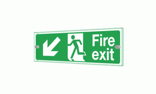 Fire exit left diagonal down Sign - Clearview Printed onto 6mm Cast Acrylic With Green Edge, Comes Complete With X2 Stainless Steel Standoffs.