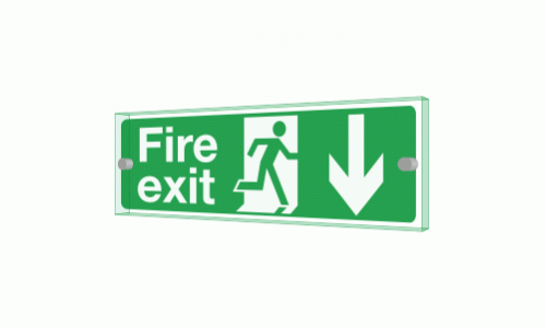 Fire Exit Arrow Down Sign - Clearview Printed onto 6mm Cast Acrylic With Green Edge, Comes Complete With X2 Stainless Steel Standoffs.