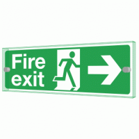 Fire Exit Right Sign - Clearview Printed onto 6mm Cast Acrylic With Green Edge, Comes Complete With X2 Stainless Steel Standoffs.