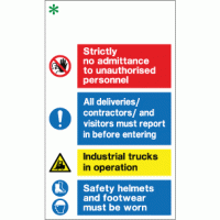 Strictly no admittance to unauthorised personnel all deliveries contractors and visitors must report in before entering industrial trucks in operation safety helmets and footwear must be worn sign