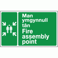 Man ymgynnull tan fire assembly point welsh and english sign