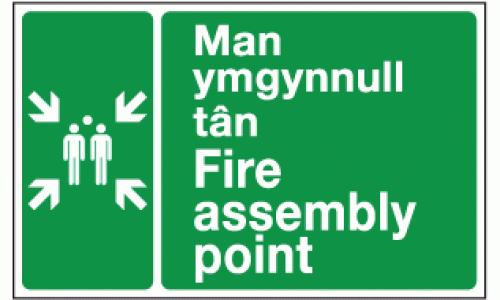 Man ymgynnull tan fire assembly point welsh and english sign