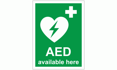 AED Emergency Defibrillator available here sign