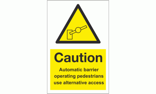 Caution Automatic barrier operating pedestrians use alternative access sign