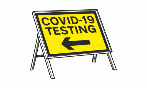 COVID-19 TESTING Arrow Left Sign + Stanchion