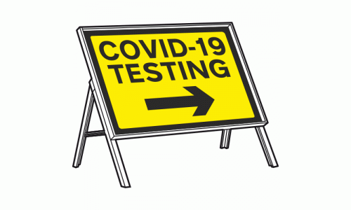 COVID-19 TESTING Arrow Right Sign + Stanchion