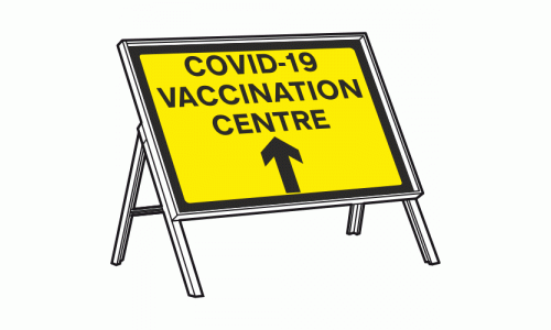 COVID-19 VACCINATION CENTRE AHEAD Sign + Stanchion