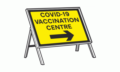 COVID-19 VACCINATION CENTRE RIGHT Sign + Stanchion