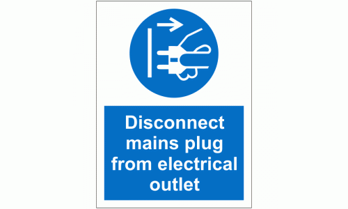 Disconnect mains plug from electrical outlet sign