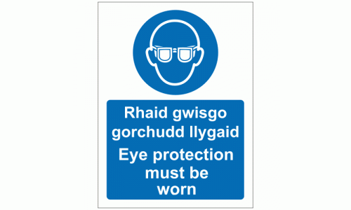 Eye protection must be worn Rhaid gwisgo gorchudd llygaid Welsh English Sign