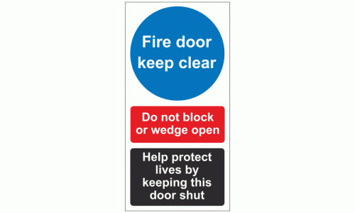 Fire door keep clear do not block or wedge open help protect lives by keeping this door shut sign