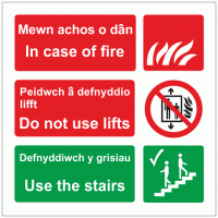 In case of fire Do not use lifts Use the stairs Welsh English Signs