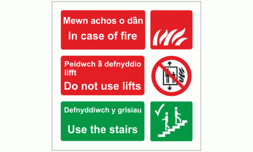 In case of fire Do not use lifts Use the stairs Welsh English Signs