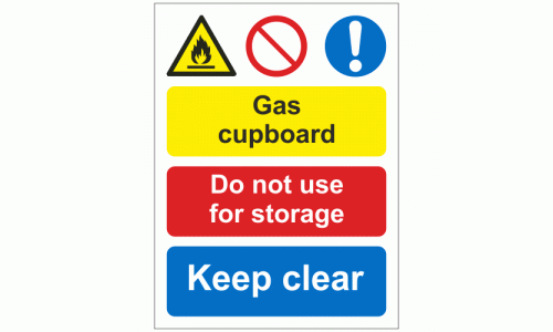 Gas cupboard do not use for storage keep clear sign