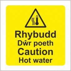 Rhybudd Dwr poeth Caution Hot water welsh english sign