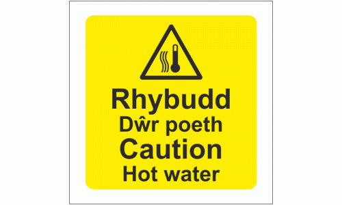 Rhybudd Dwr poeth Caution Hot water welsh english sign