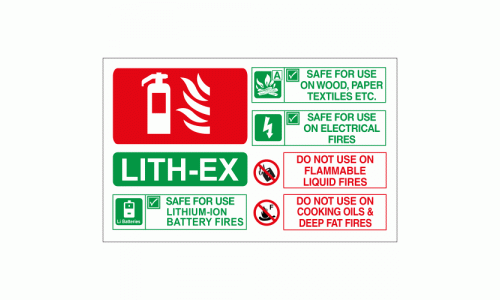 LITH-EX safe for use lithium-ion battery fires sign