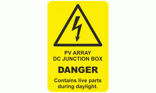 PV Array DC Junction Box Danger Contains live parts durning daylight sign