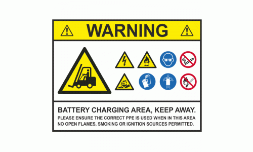 Warning battery charging area keep away sign
