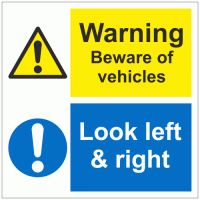 Warning Beware of vehicles look left and right sign