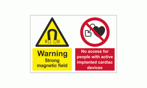 Warning strong magnetic field No access for people with active implanted cardiac devices sign