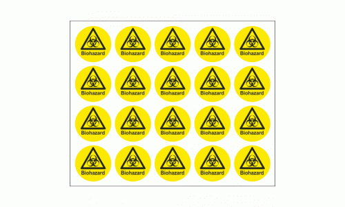 Biohazard symbol and text safety labels