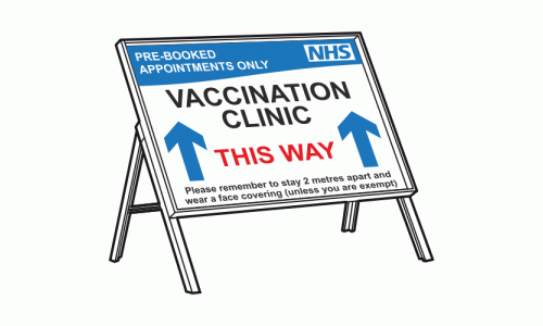 NHS Vaccination Clinic This Way Sign + Stanchion